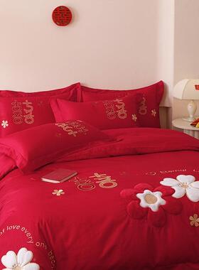 婚中F99J9TS6式庆大红色纯棉100S件套长绒刺绣结四婚房喜棉庆陪嫁