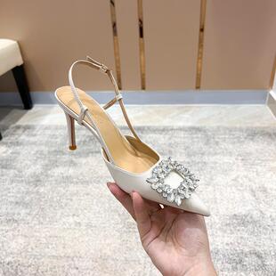 2023年夏季新款真皮尖头水钻方扣一字带高跟鞋仙女气质细跟凉鞋女