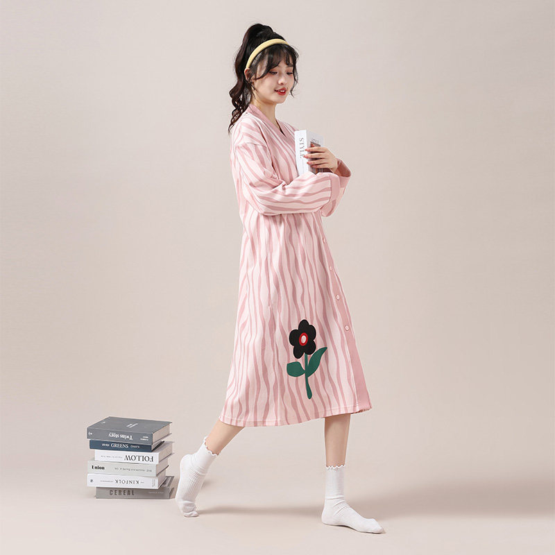 睡裙女春秋款纯棉条纹V领 开衫长袖宽松大码家居服简约秋冬款睡衣