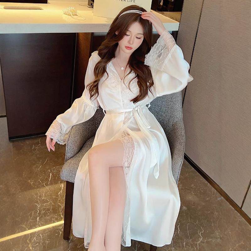长款睡袍女白色蕾丝花边春秋夏款浴袍长袖夏天冰丝女士家居服睡衣