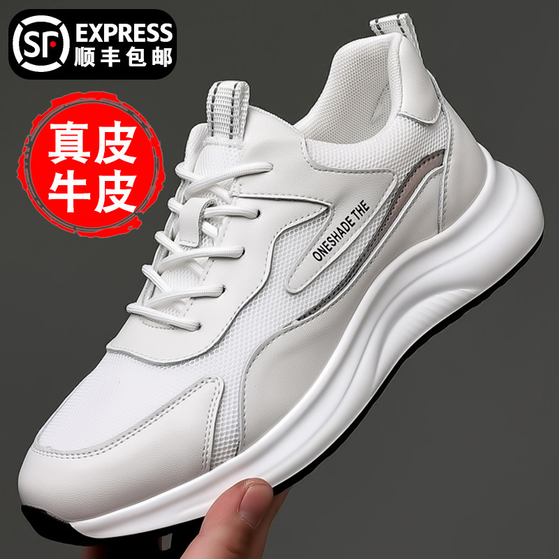 男鞋2024新款夏季薄款真皮运动休闲鞋男款透气白色网面鞋子皮鞋男