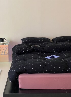 黑色小波点柔软裸睡天竺棉四件套床G单被套全棉少女心床上用品