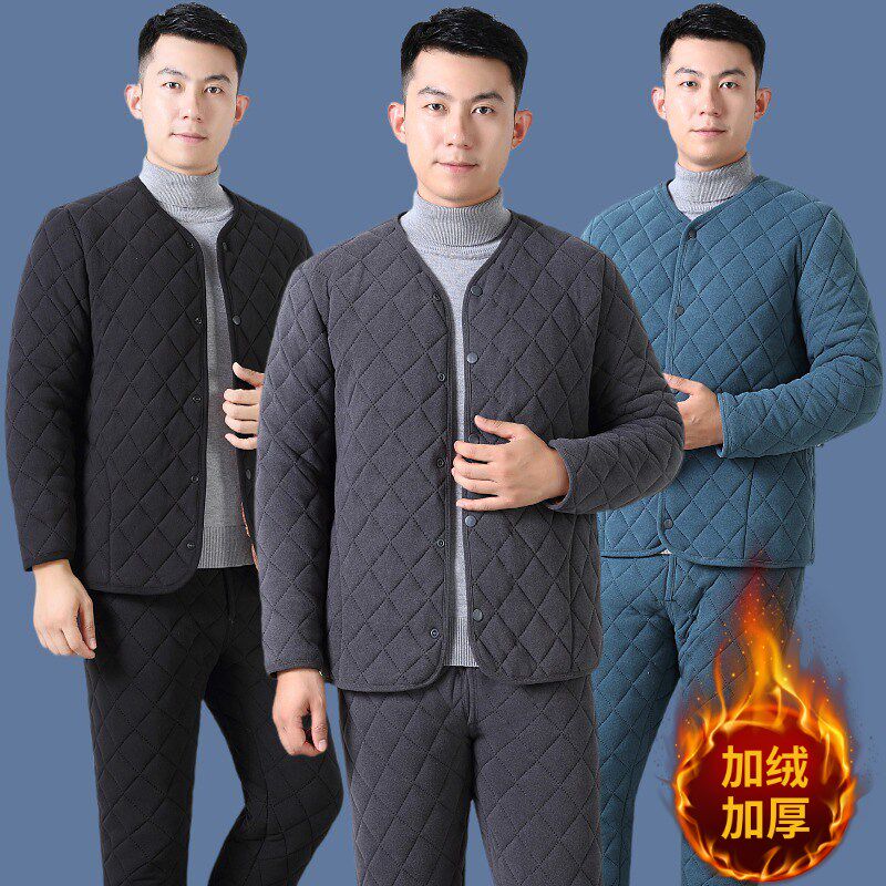 爸爸冬装德绒棉衣内胆男中老年轻薄棉衣棉裤保暖套装爷爷夹棉外套