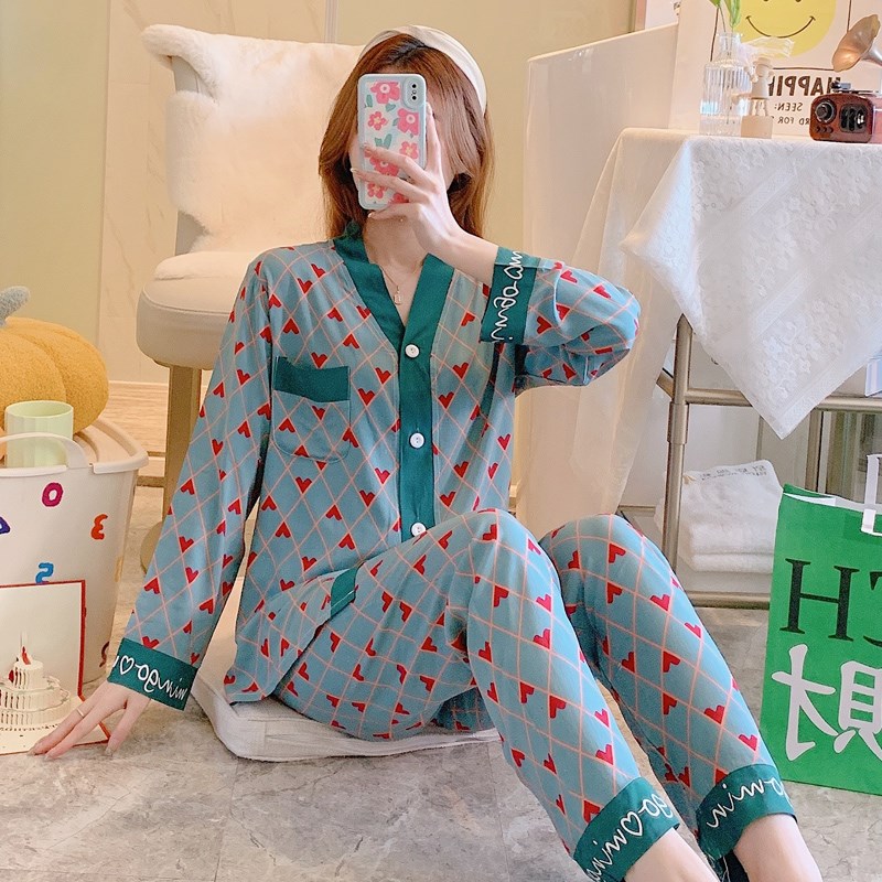 睡衣女春秋季长袖长裤棉绸薄款公主风V领绵绸两件套夏天家居服
