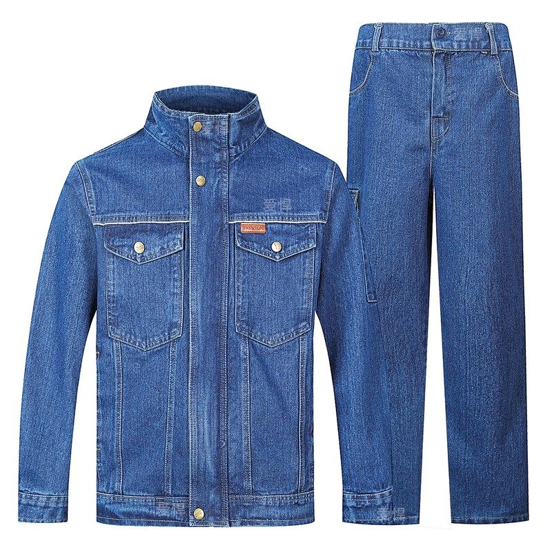 加厚牛仔a工作服套装男电焊工防烫工厂车间耐磨宽松劳保服春秋