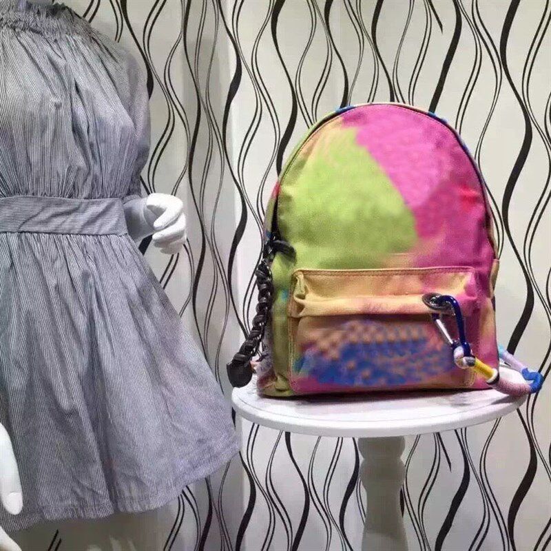 新款时尚百搭粉色复古涂鸦双肩包女包背包书包旅行包大容量38CM