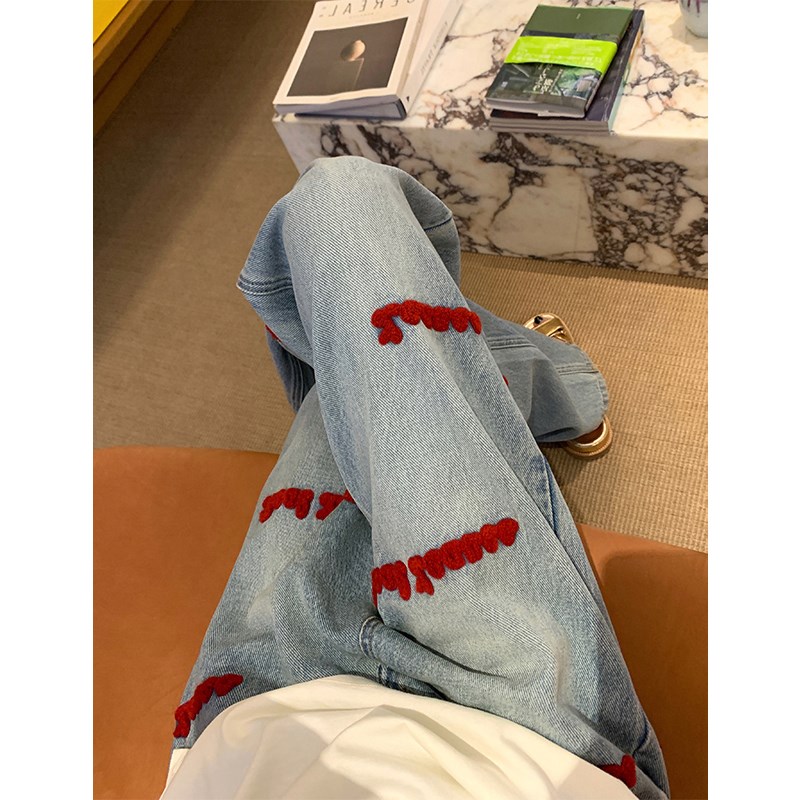 美式复古高腰刺绣牛仔裤女秋季新款胖妹妹mm宽松显瘦直筒阔腿长裤