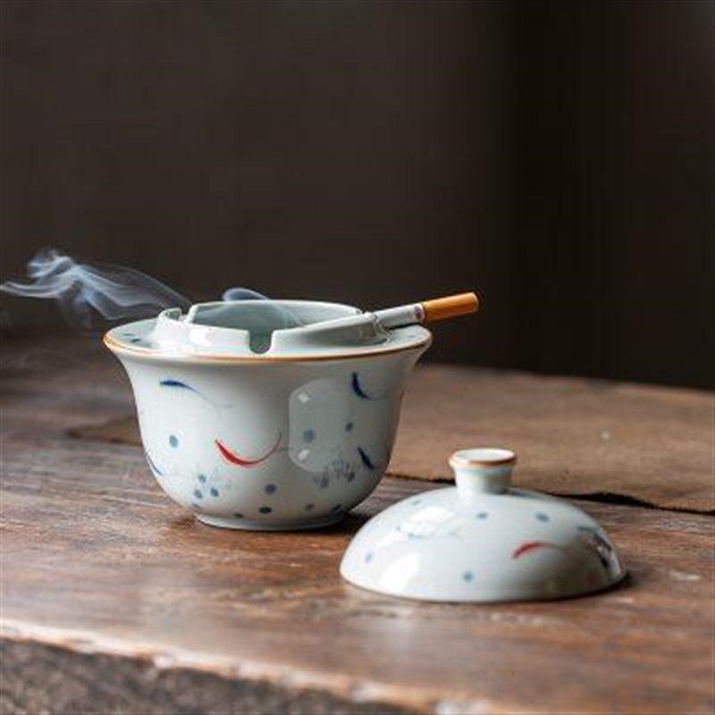 烟灰缸陶瓷烟缸带盖家用潮流茶几摆件个性潮流大号多功能防风盖碗