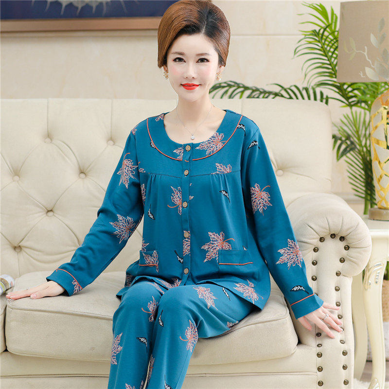 睡衣开衫女春秋长袖纯棉圆领大码女款无领中老年人妈妈全棉家居服