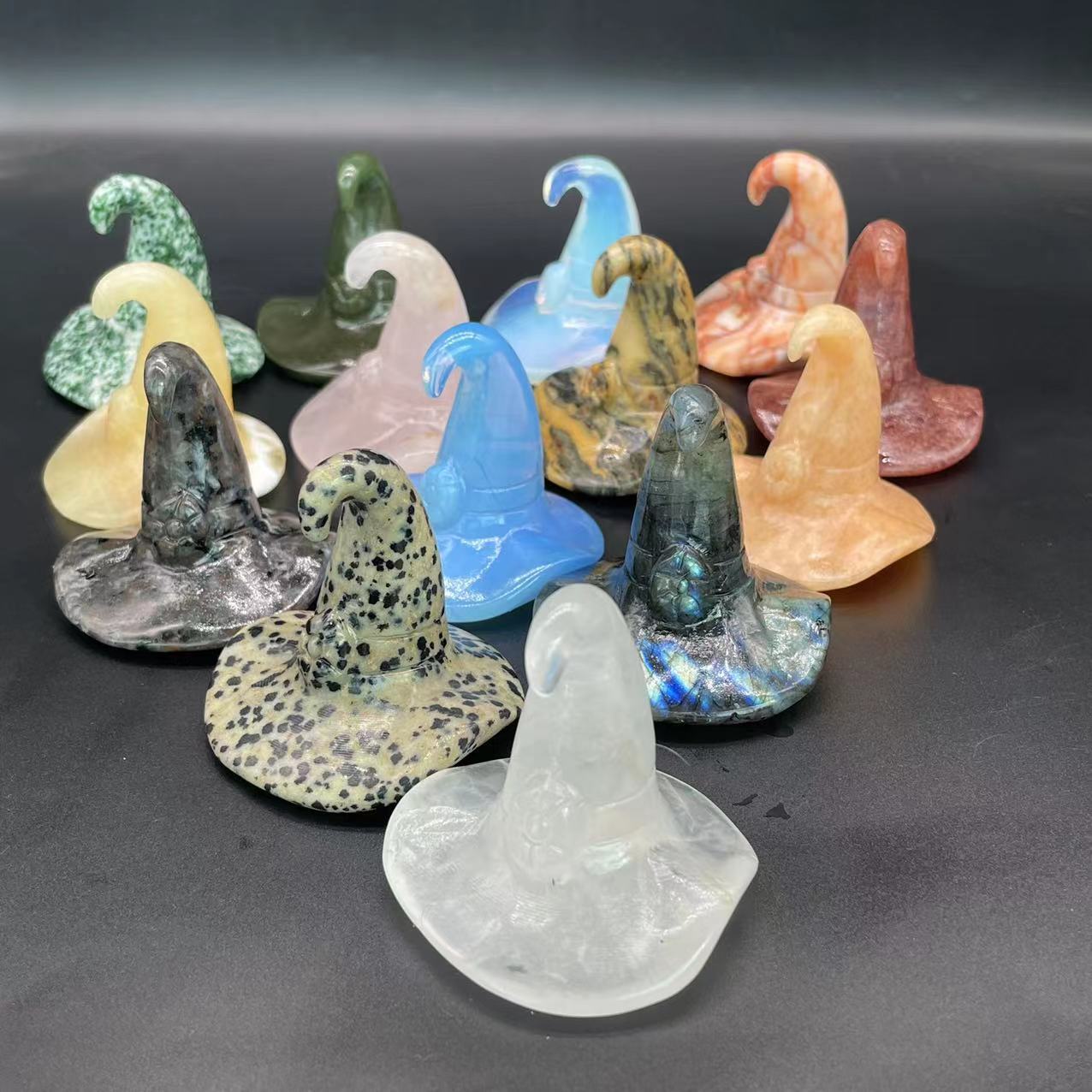 天然半宝石巫师帽 粉晶 白水晶 蛋白巫师帽 万圣节产品