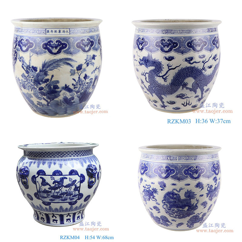 景德镇陶瓷青花仿古花鸟狮子龙纹水缸庭院鱼缸家居书画卷大缸摆件