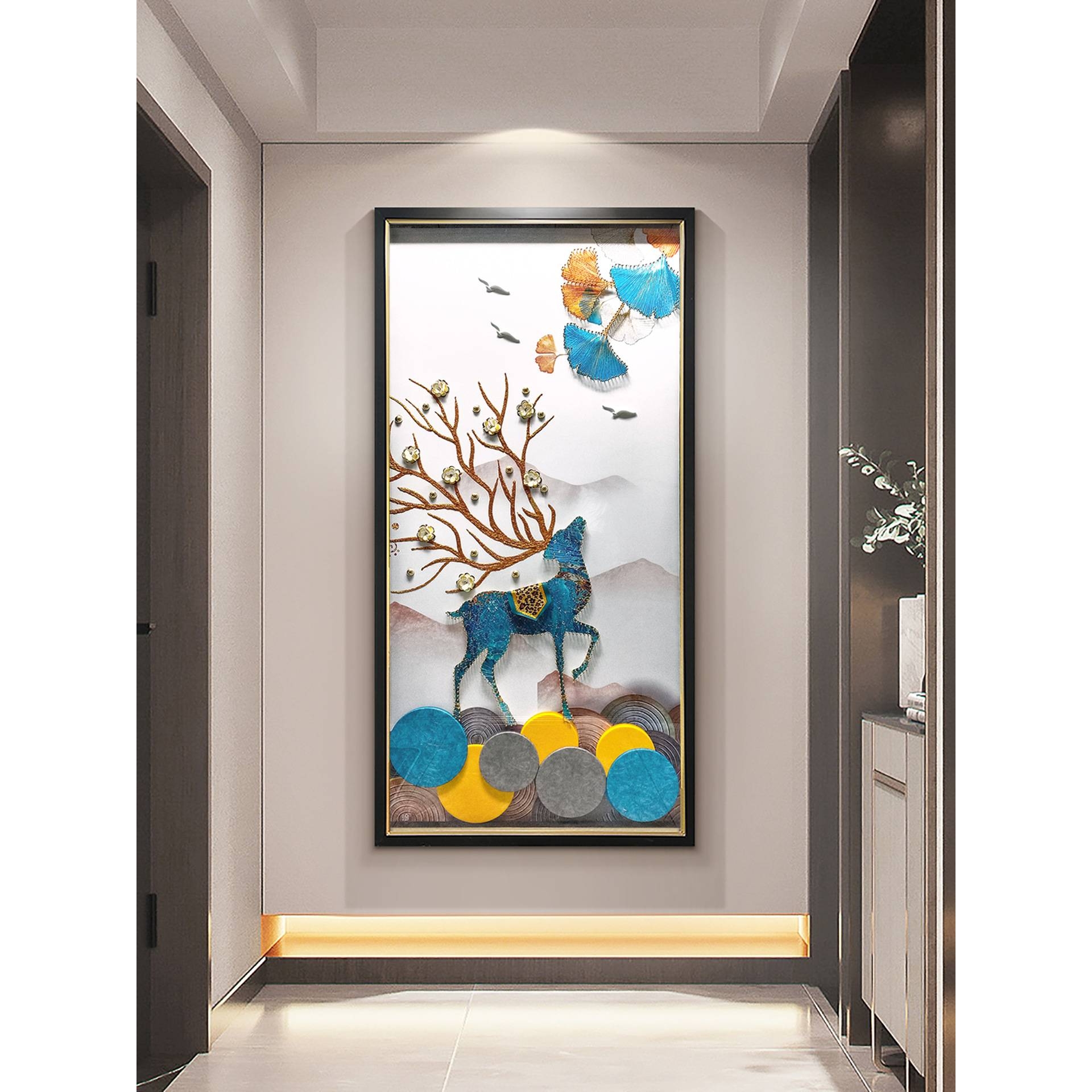 客厅入户玄关装饰画现代简约实物麋鹿立体画走廊壁画3d手工高档画图片