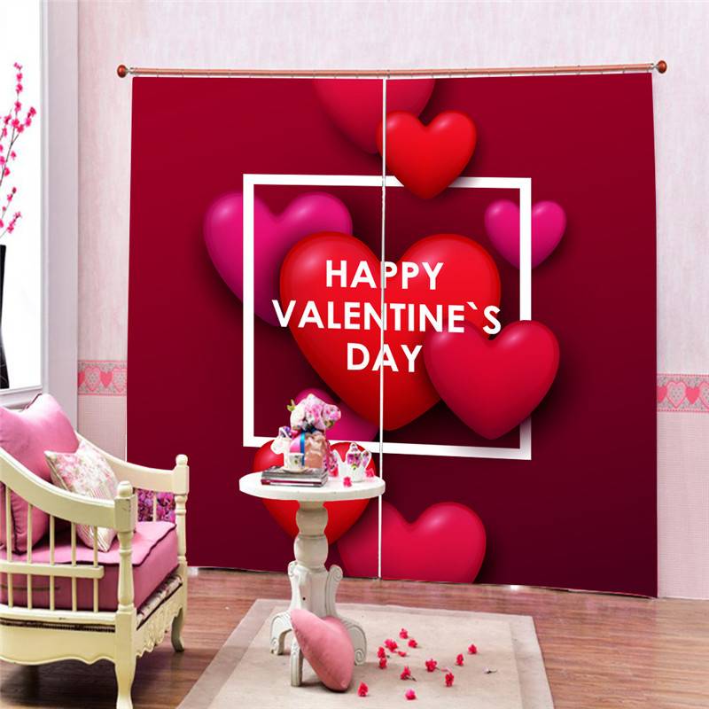 欧式新款红色爱心落地阳台遮光窗帘 免打孔安装 跨境淘货源