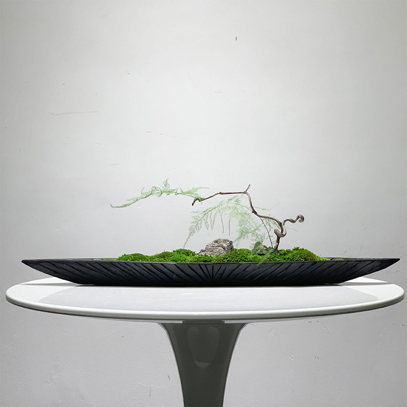 新中式木船入户玄关绿植摆件永生青苔干花玄关餐桌会议桌创意摆件