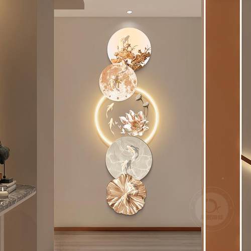 花鱼图挂钟玄关饰画高档走廊过道MEY带灯挂画新中式荷时钟表装壁