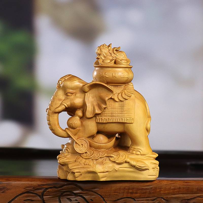 黄杨木雕刻财大象中式木质家居饰品客厅玄关办公室装饰送礼摆件