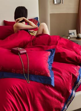 1结00支绒棉长喜刺QMU绣婚庆四件套被婚床上用品纯棉高档婚房红色