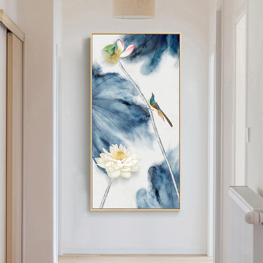 莲花荷花新中式关装白饰玄画竖过版道走廊客厅挂画荷花入户壁画招