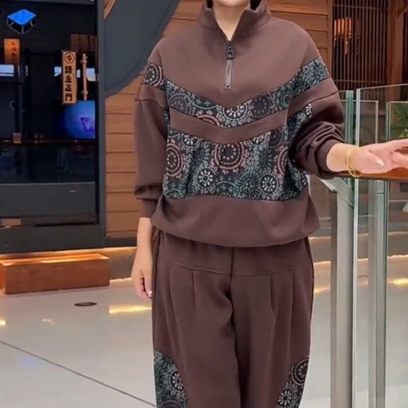 春秋款印花拼接半拉链上衣裤子两件套宽松显瘦休闲简约时尚套装女