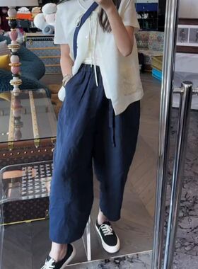 藏蓝色哈伦九分休闲裤子女秋季大码直筒裤高腰宽松显瘦直筒麻裤