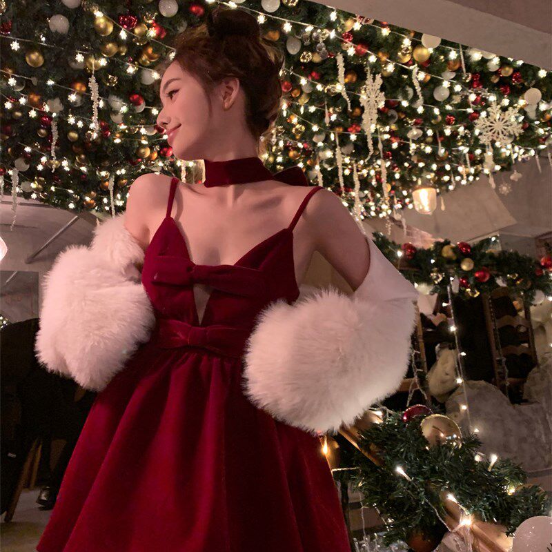 红色丝绒连衣裙女秋约会圣诞辣妹礼服生日裙吊带蓬蓬公主裙小个子