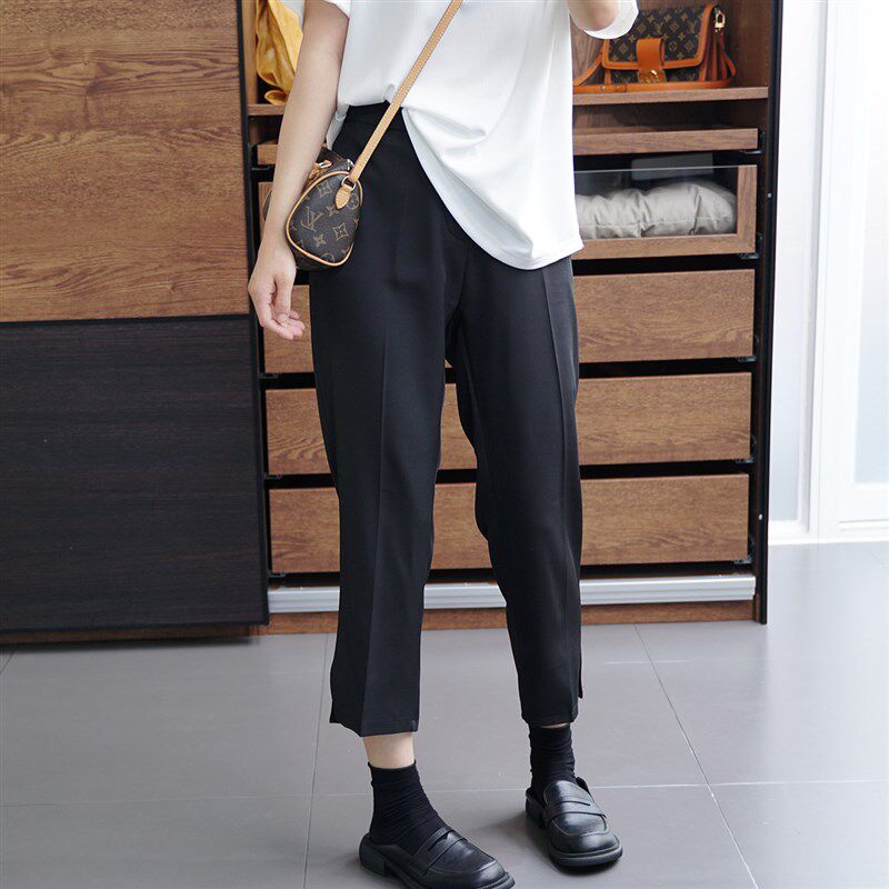 夏大码开叉八分高腰烟管西装裤女200斤胖mm遮肉显瘦凉爽亲肤垂感