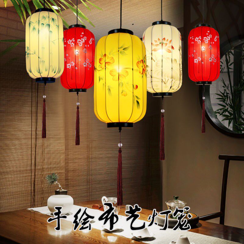 中式布艺手绘灯笼仿古典宫灯餐厅茶楼过道创意冬瓜长形布艺吊灯具