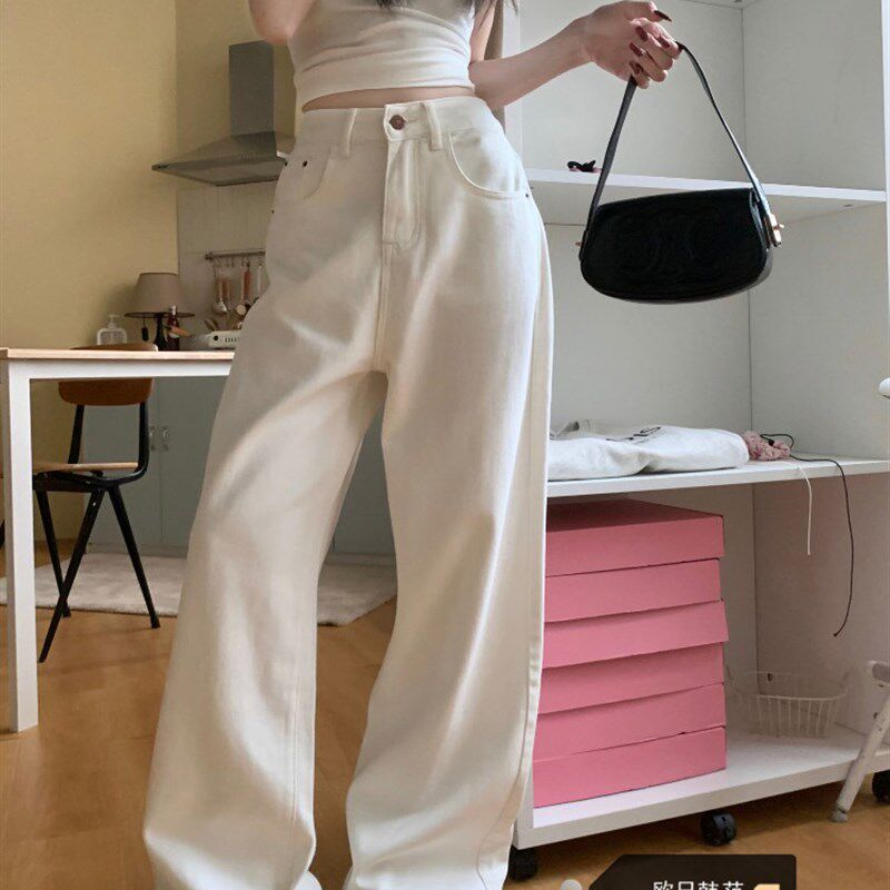 大码白色阔腿牛仔裤女春季复古宽松高腰显瘦直筒裤子休闲拖地长裤