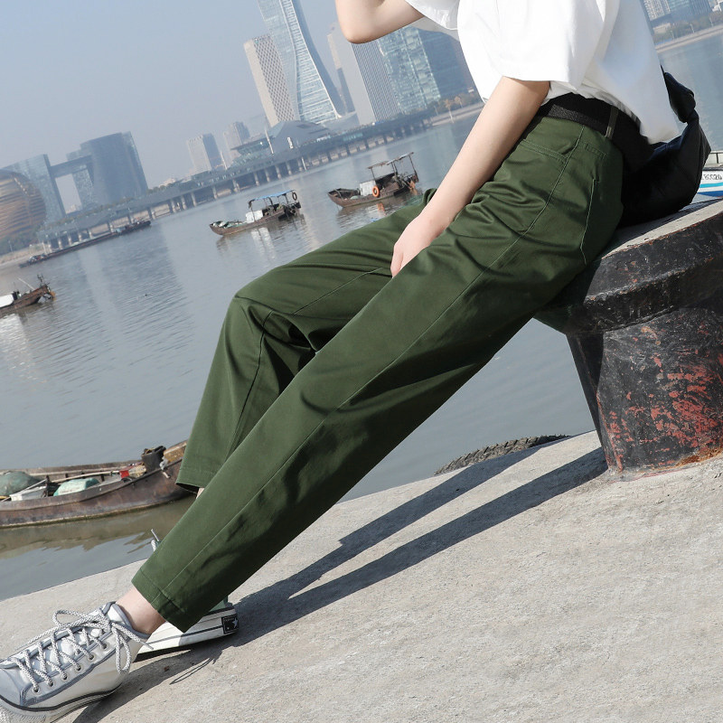 军绿色裤子女宽松大码工装裤秋冬小个子直筒休闲胖mm哈伦萝卜显瘦