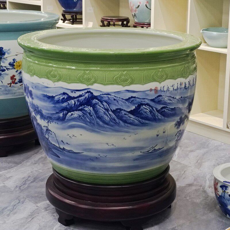 手绘陶瓷大号鱼缸摆件青花瓷陶瓷鱼缸大号庭院造景摆件装饰园林缸