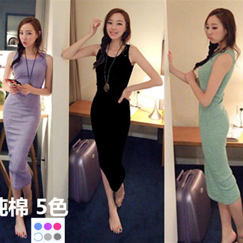 2020纯棉新款无袖连衣裙夏季韩版女装修身显瘦吊带背心长裙打底裙