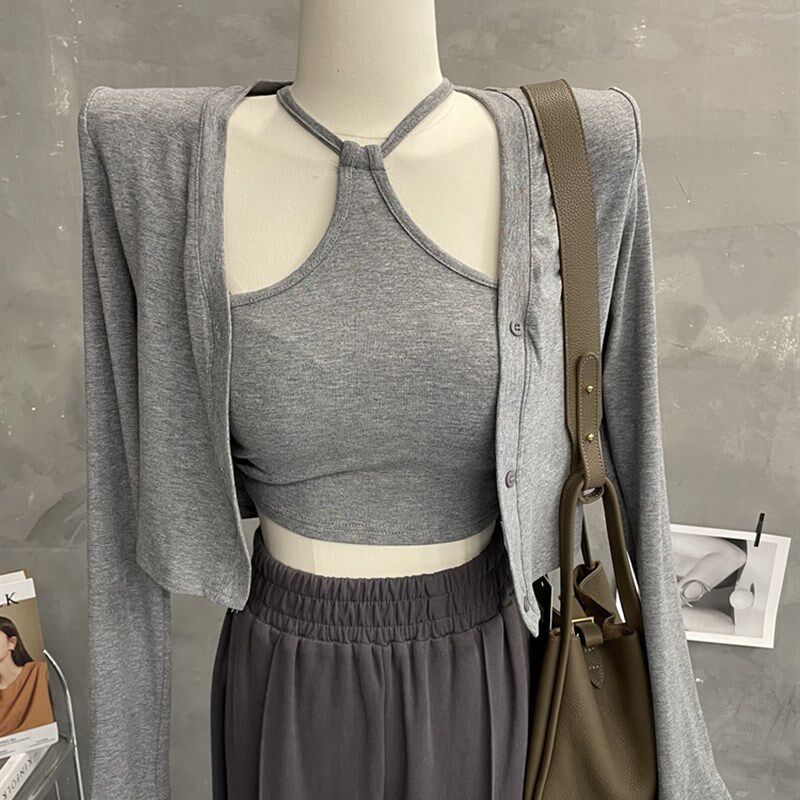 时髦小众~挂颈吊带背心开衫两件套长袖T恤女紧身短款垫肩上衣