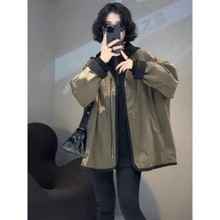 欧货撞色两面穿V领风衣女士秋季新款宽松显瘦百搭棒球中长款外套