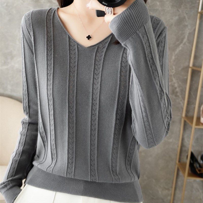 早秋短款纯棉宽松针织衫V领女高腰长袖套头毛衣百搭镂空薄款上衣