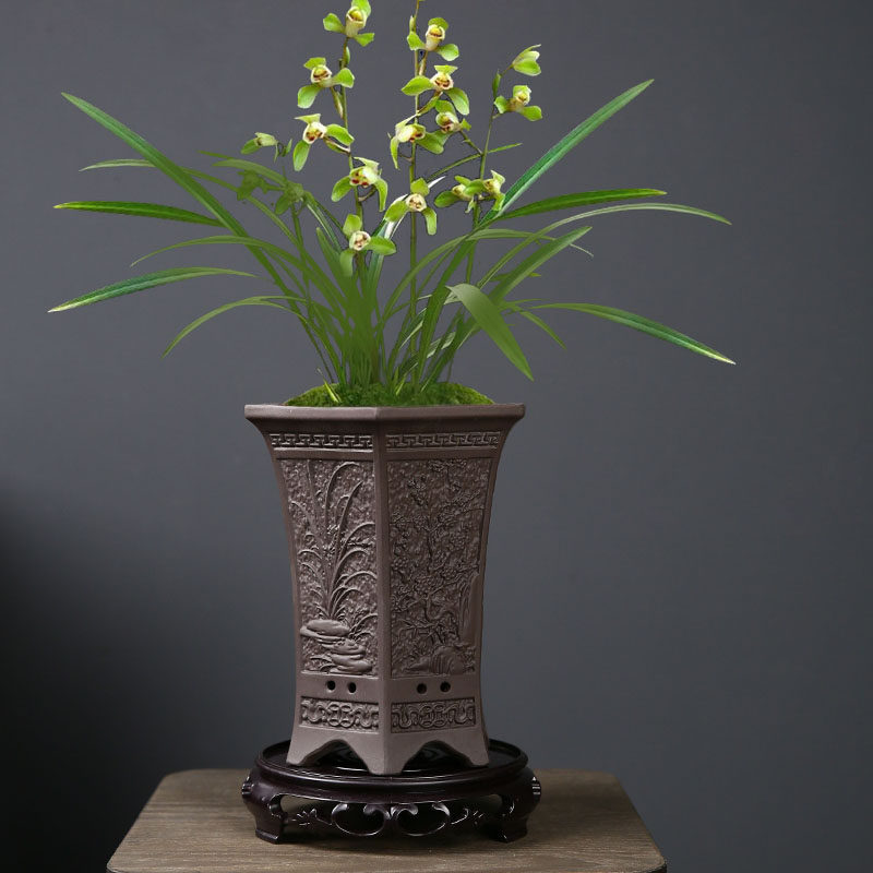紫砂六方浮雕兰花花盆大号盆栽盆吊篮蝴蝶兰专用陶瓷盆景盆带底座
