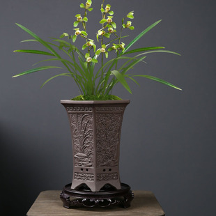 紫砂六方浮雕兰花花盆大号盆栽盆吊篮蝴蝶兰专用陶瓷盆景盆带底座