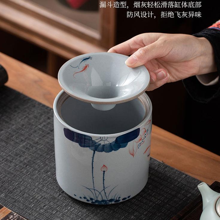 防风缸烟灰带盖陶瓷手建绘家用复轻古中SKN式客厅奢办公室创意水