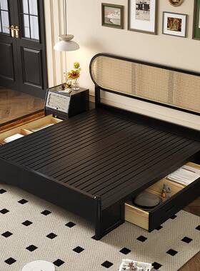 批法式藤编全实床床1.8米储物双人家黑色小户型用1.5米主木BWU卧