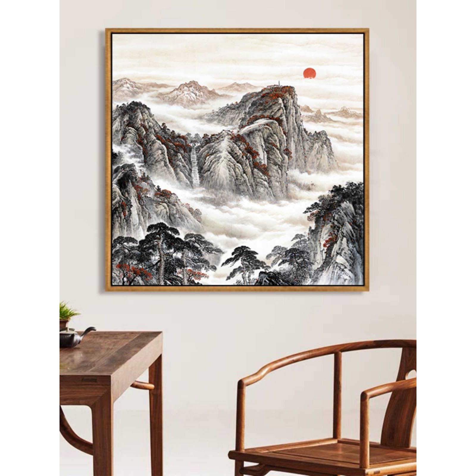 正方形挂画靠山字画小幅卫生间装饰画玄关新中式旺财山水风景壁画图片