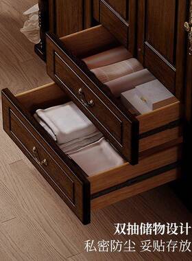 美式复衣柜家卧室对开门四门衣橱用CQW纳乡村老钱实木古简易组装