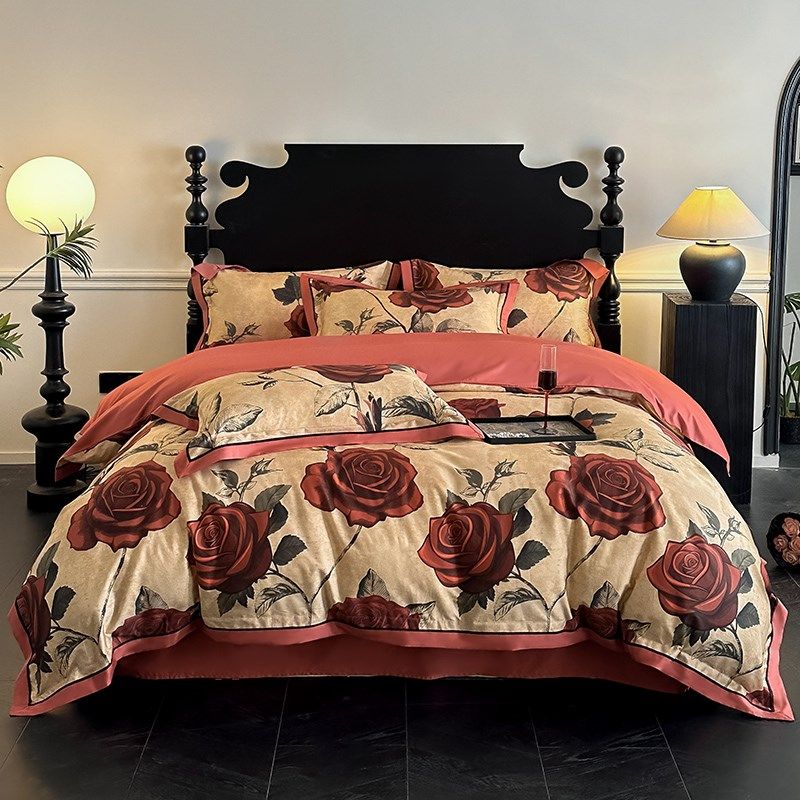 全棉印花被套结婚高级感床品红色婚庆10M0支长绒棉床上四件套8