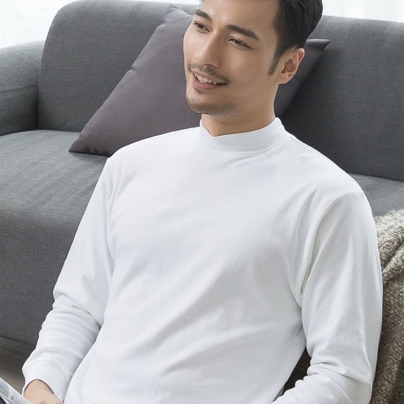宽松全棉秋衣男棉毛衫内衣纯棉圆领半高领单上衣打底衫保暖上衣