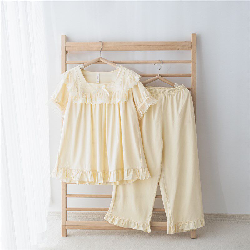 睡衣女夏季纯棉短袖七分裤套装宫廷风女款2025新款夏款宽松家居服