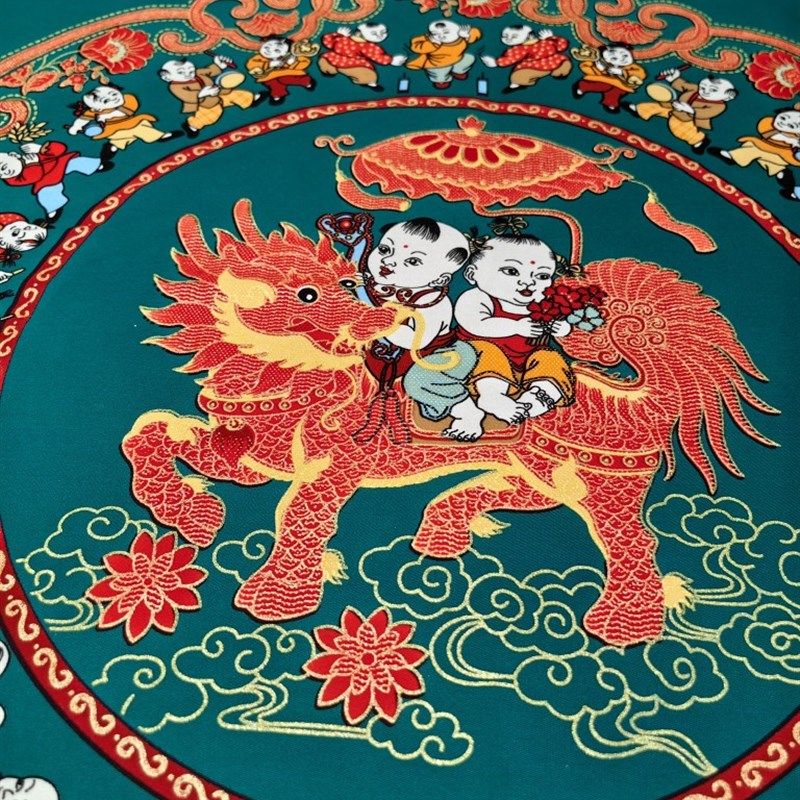 大绿色百子图被罩四件套全棉A床单布料中式结婚庆床品红绿被套