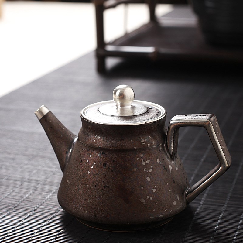 鎏银龙鳞窑变茶壶黑釉手工陶瓷小单壶F过滤泡茶壶日式功夫茶具银