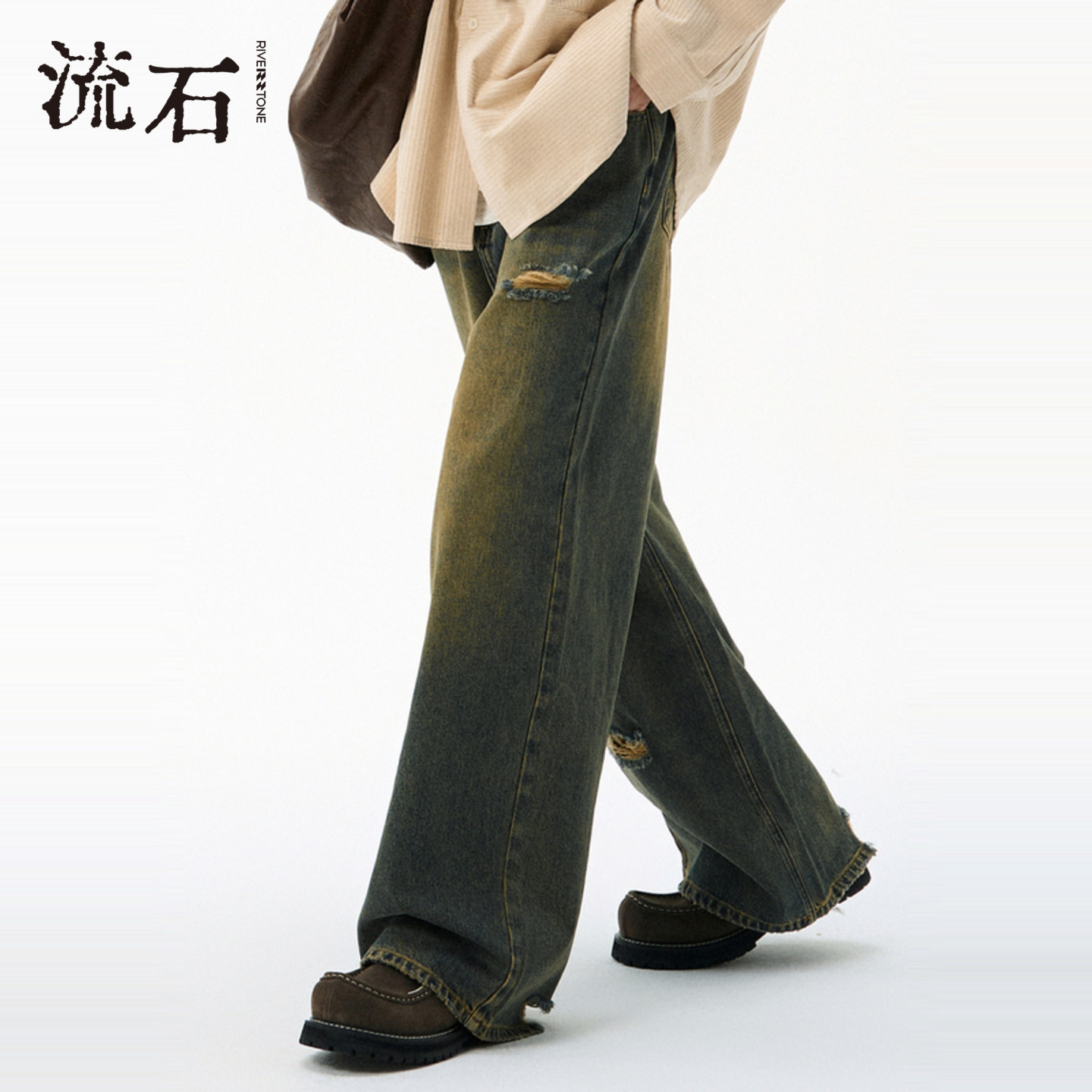 流石男装复古破洞做旧牛仔长裤2026年新款春秋季男士潮流宽松裤子