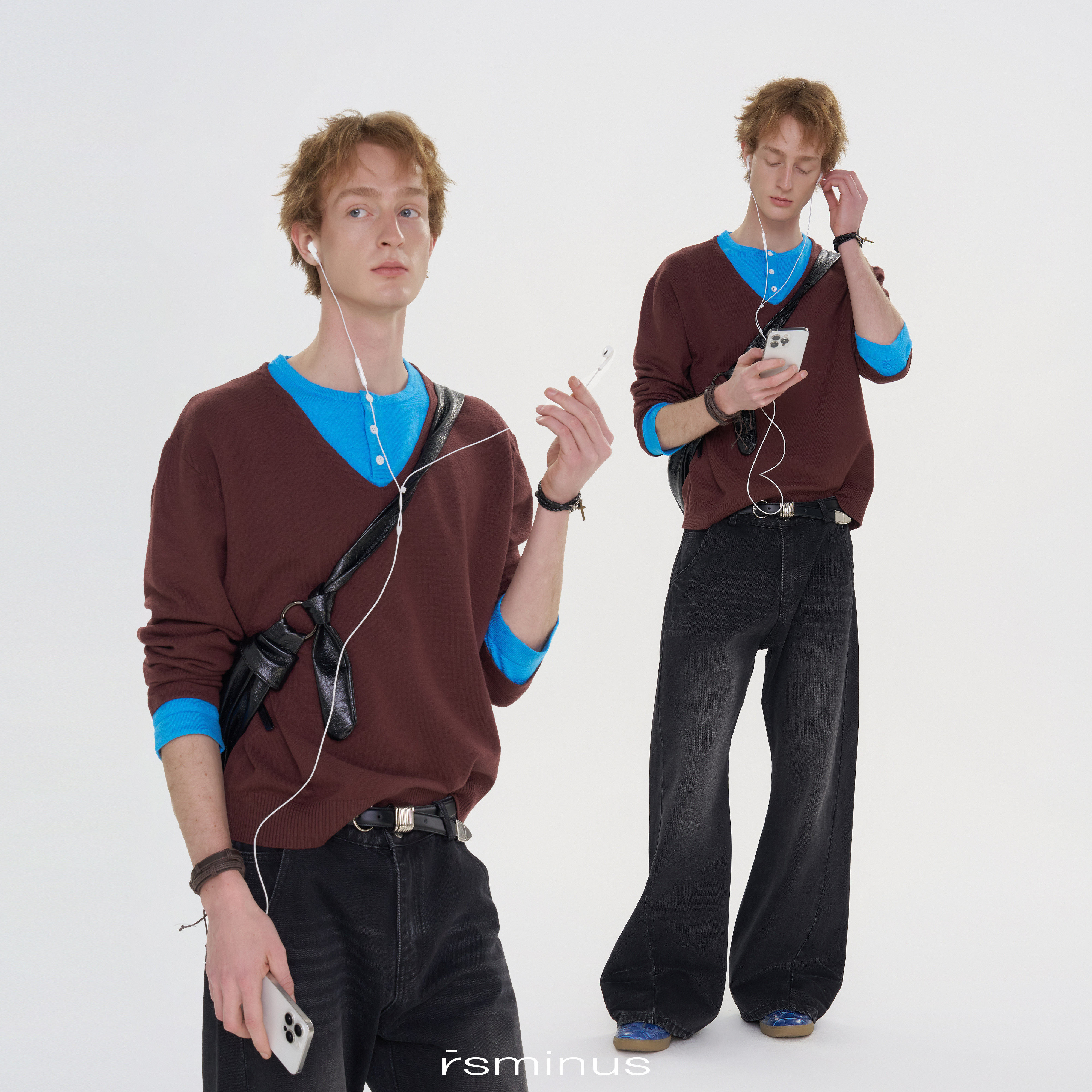 rsminus男装假两件撞色打底亨利领毛衣春季新款套头针织衫男生潮