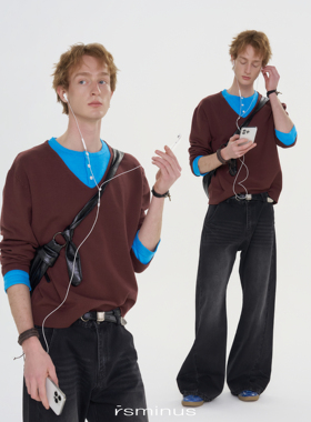 rsminus男装假两件撞色打底亨利领毛衣2026年春季新款男生针织衫