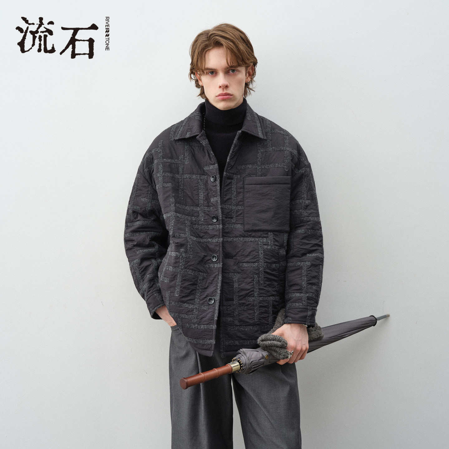 流石男装衬衫款刺绣棉外套2026年冬季新款高级感棉服