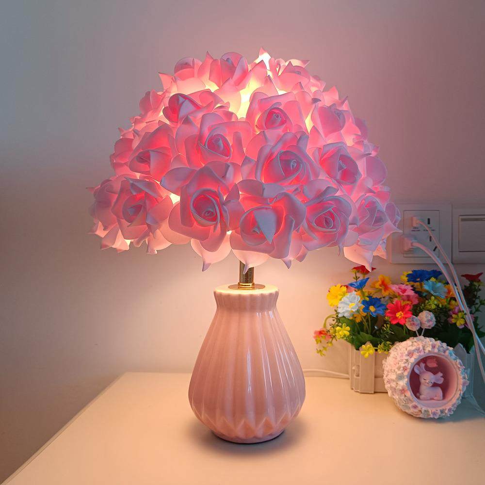 伞形瑰花创台灯色陶104粉瓷玫瑰灯意卧室床头摆件婚庆装饰玫台灯
